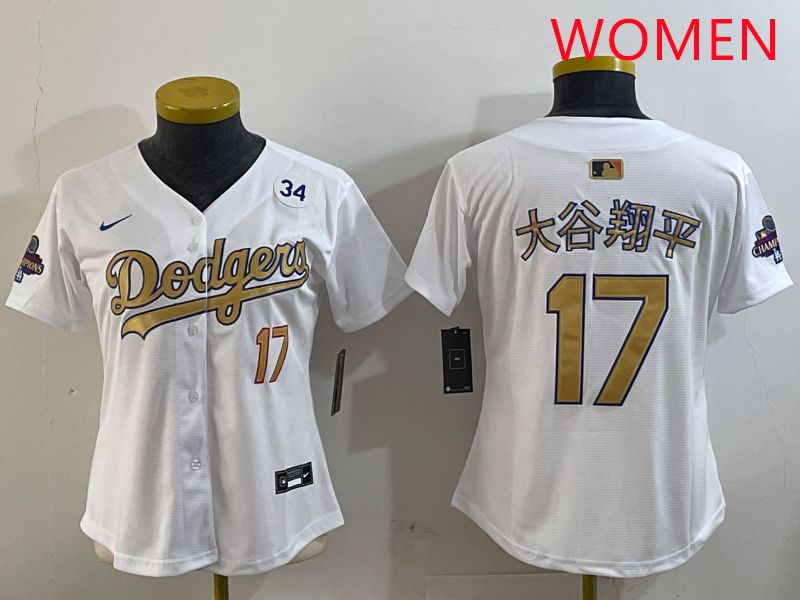 Women Los Angeles Dodgers #17 Ohtani White Champion gold character 2025 Nike MLB Jersey style 7->women mlb jersey->Women Jersey